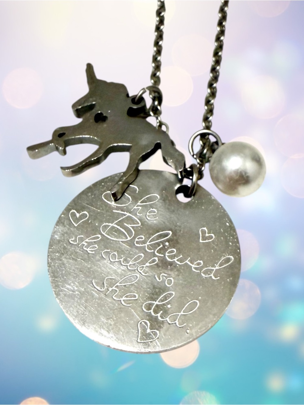 “She Believed She Could So She Did” Pendant Necklace with Unicorn and Pearl